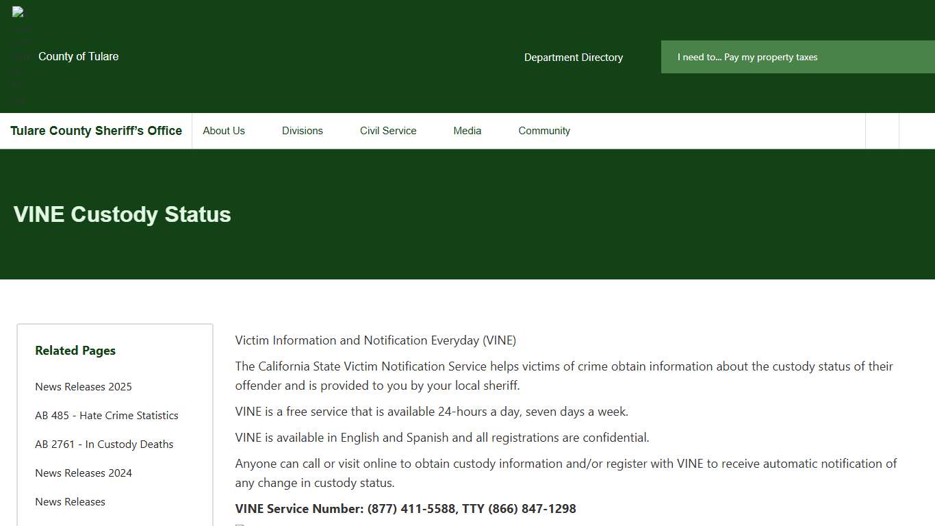 VINE Custody Status Tulare